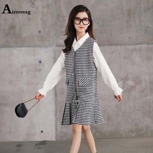 Aimsnug 2021 Autumn Baby Girls Knee-Length Dresses Long Sleeve Princess Birthday Party Dress Kids Houndstooth Skirt Set