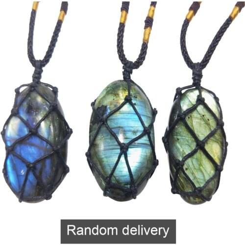 Labradorite Necklace Natural Irregular Stone Pendant Wrap Braid Necklace Energy Necklace Jewelry Gift for Men Women Stone Crafts