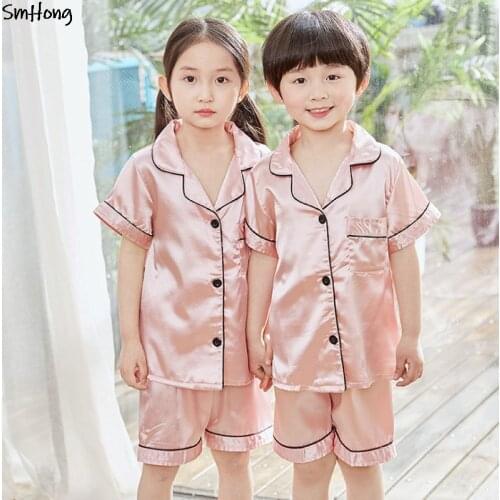 Short Sleeve Toddler Girls Pink Satin Pajamas Childrens Sleepwear Summer Teens Pajamas Girls Satin Pajama Big Boy Silk Pyjamas