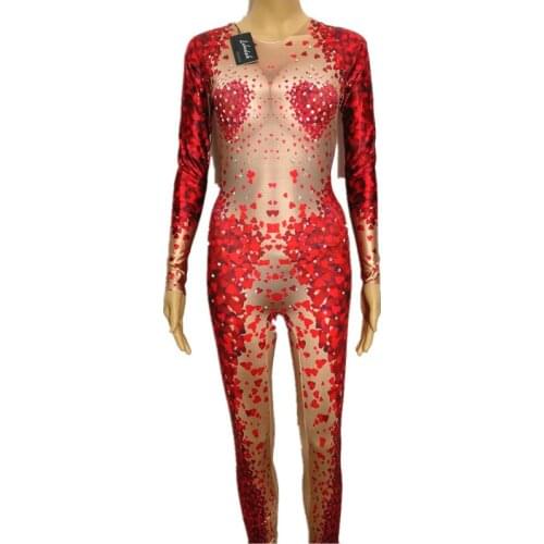 Red Printing Leotard Jumpsuit Crystals Western Style Valentines Day Bar Dj Ds Female Costumes Nightclub Pole Dancing Show Stage