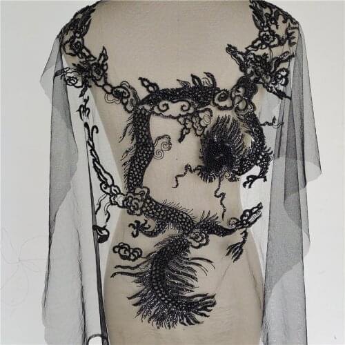 Heavy Beading Sequins Luxury Black Cloud Dragon Mesh Lace Fabric Embroidery Diy Performance Dress Back Applique Fabric