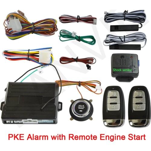 Universal PKE Car Alarm System with Engine Start / Stop Push Button and Engine Start passive Keyless Entry with SHOCK Senor