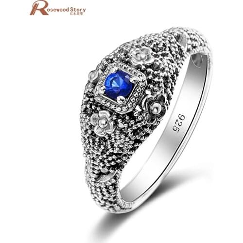 Bohemia 925 Sterling Silver Ring Created Sapphire Stone Retro Punk Flower Pattern Ring Fashion Women Christmas Party Jewelry