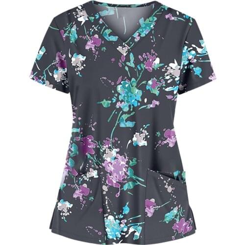 40# Women Floral Print T-shirts Nurse Clothing Short Sleeve V-neck Tops Nurse Working Uniform Thanksgiving Pocket T-shirts Top