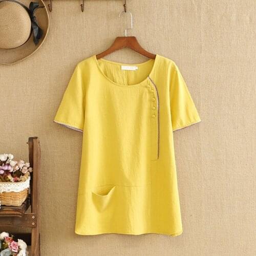 Plus Size Shirt Short Sleeves O-Neck Natural Cotton And Linen Fabric Buttonhole Decoration Chinese Style For Fatlady In Summer