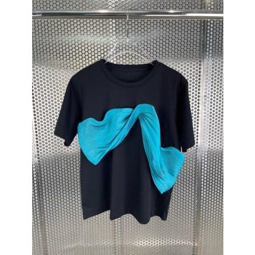 Street Fashion Tshirt Runway Women Vintage Brief Black White Tees Summer O-Neck Ribbon Patchwork Short-Sleeved T-Shirt Loose Top