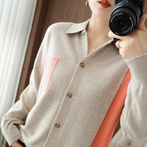 2021 spring new style 100% wool cardigan jacket women loose color-blocking lapel knitted sweater long-sleeved jacket outer wear