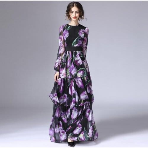 High quality New Fashion 2017 Runway Maxi Dress Womens Long Sleeve Vintage Tiered Tulip Floral Printed Long Dress