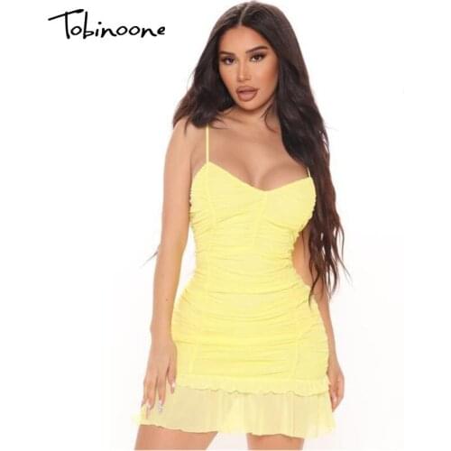 Tobinoone Chiffon Ruffle Ruched Bodycon Dress Women Spaghetti Strap Backless Sexy Mini Dress Summer Solid Casual Party Vestidos