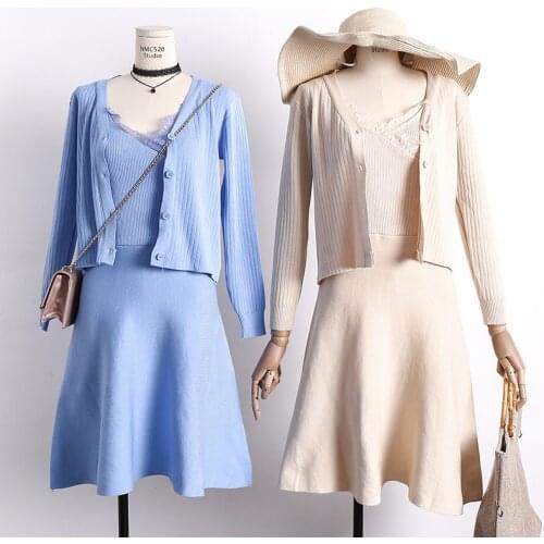 ALPHALMODA 2018 Spring Knit Dress and Cardigans 2pcs Suits Long-sleeved Jacket + Lace Collar Sling Dress 2pcs Graceful Sets