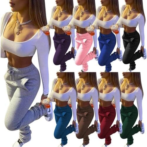 Winter Women Stacked joggers Pants Solid Color Drawstring Thicken With Pocket Long Trousers Streetwear Clothes For Women