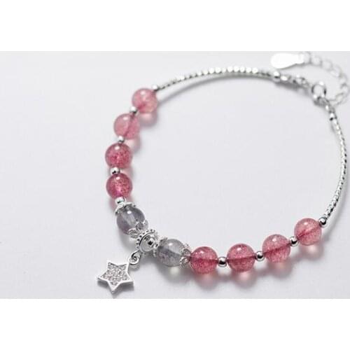 7mm 100% Real. 925 Sterling Silver Jewelry Natural Moonstone &Rose Strawberry Quartz Stone Star cz Bangle Cuff Bracelet GTLS660