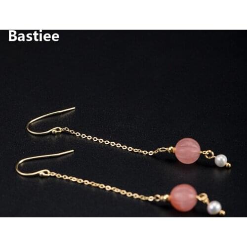 Bastiee Gold Plated Pink Agate Beads Pearl Drop Long Earrings 925 Sterling Silver Jewelry For Women Earings