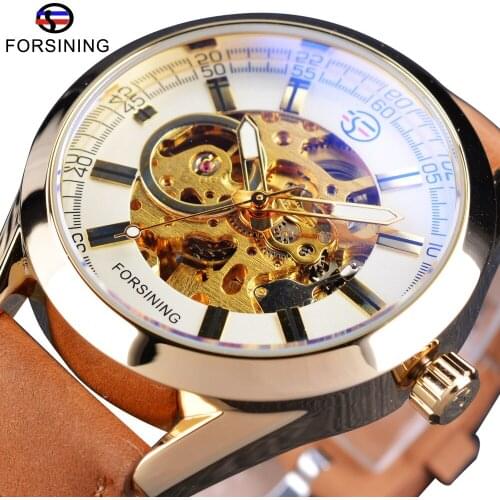 Forsining Fashion Retro Cowboy Design Brown Leather Strap Luminous Hands Mens Watch Top Brand Luxury Automatic Wrist Watch Clock