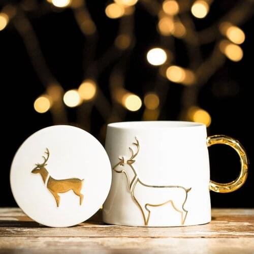 Exquisite golden elk abstract ceramic mug Brief gold handle white office coffee cup