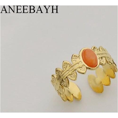 Vintage Stainless Steel Stone Rings For Women Oval Natural Stone Geometry Texture Metal Gold Finger Rings Bohemian Jewelry