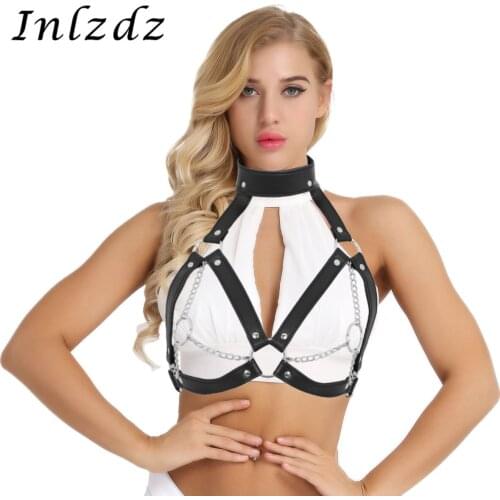 Leather Harness Womens Cage Bralette Strap Buckles O-Rings Metal Chain Bra Tassel Chest Belt Steampunk Goth Sex Harness Belt