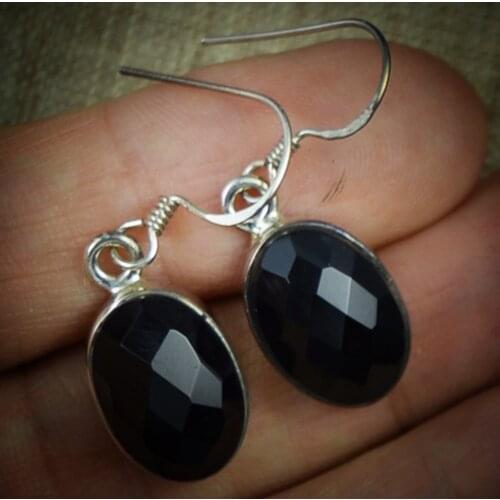 Lovegem Genuine Cut Black Onyx Earrings 925 Sterling Silver, 32 mm, KE0050