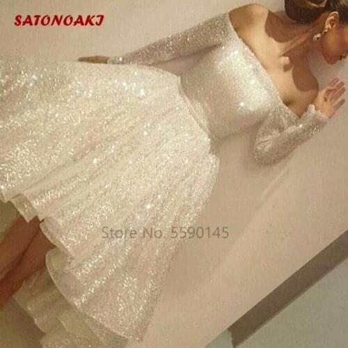 2020 Fashion White Sequined Long Sleeves Prom Dress Sexy Bateau Neckline Tea Length Party Evening Gowns India Undefined Online