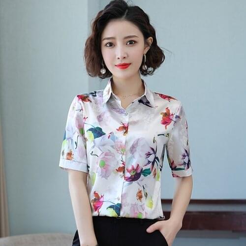 Fashion M-5XL Womens Summer Floral Tops Short Sleeve Button Up Silk Satin Shirts Korean Style Elegant Office Ladies Shirt Tops