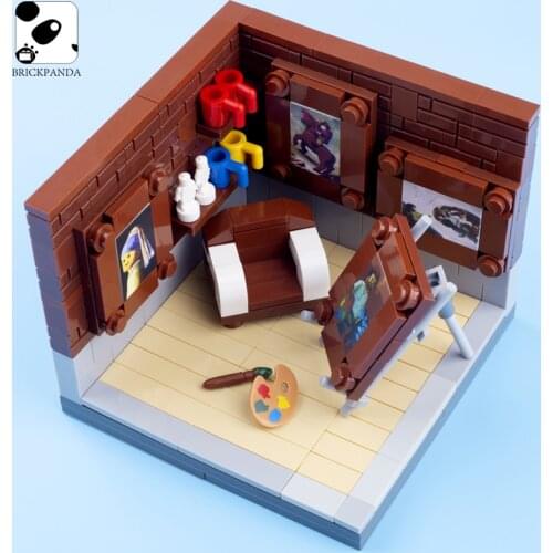 MOC Mini City Studio Building Blocks Figures Painter Accessories Cup Palette Bricks Printing Mural Kit Children Toy Gifts