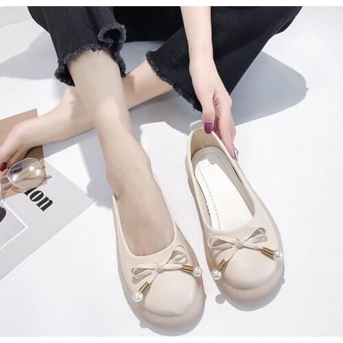 New Spring and Autumn Womens Flat Shoes Solid Color Bow Small Leather Shoes Shallow Mouth Lazy Comfortable Nurse Womens Shoes