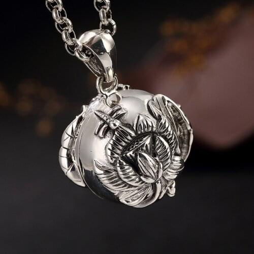 Silver S925 Pure Silver Retro Thai Silver Glossy Lotus Flower Kwu Box Langer Curse Lady Sweater Chain Pendant Wholesale