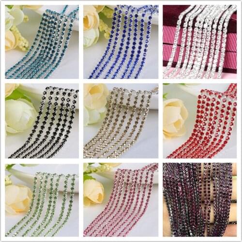 TopStone 10Yards Silver Base Dense Claw Cup Chain Rhinestones Colorful Glass Crystal Sew On Stone Trim For Costume Accessories