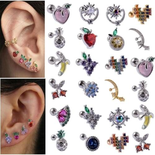20pcs Steel CZ Gem Ear Tragus Cartilage Piercing Zircon Fruit Earring Conch Ear Lobe Stud Helix Cartilage Piercing Jewelry 20G