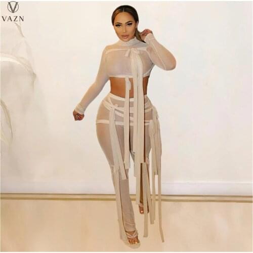 VAZN 2021 Special Tassel Elegant Solid Sexy O-neck Two Piece Set Button 2 Piece Set Women Long Sleeve Top And Pant Autumn