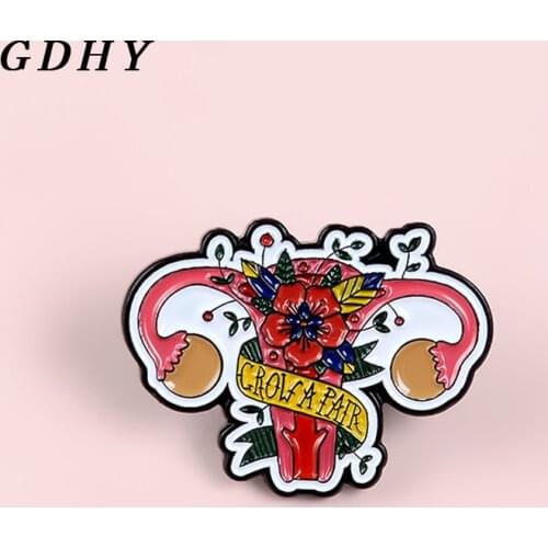 GDHY Feminism Flowers Uterus Womb Brooches 'GROWAPAIR' Uterus Enamel Pin for Women Brooch Power Feminist Badge Lapel Pins Broche
