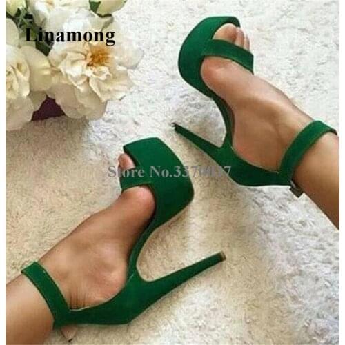 New Fashion Women Open Toe Suede Leather One Strap High Platform Sandals Green Ankle Strap Buckle High Heel Sandals Dress Heels