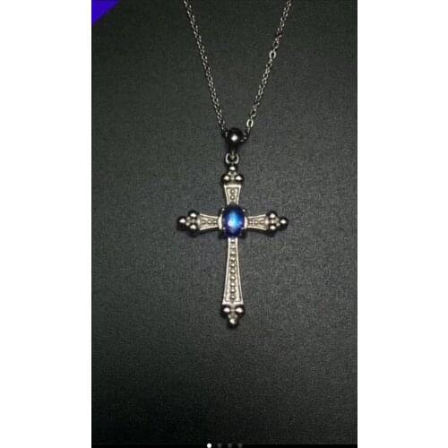 Natural blue moonstone Elegant lovely personality cross Pendant natural gemstone pendant S925 silver Women precious jewelery
