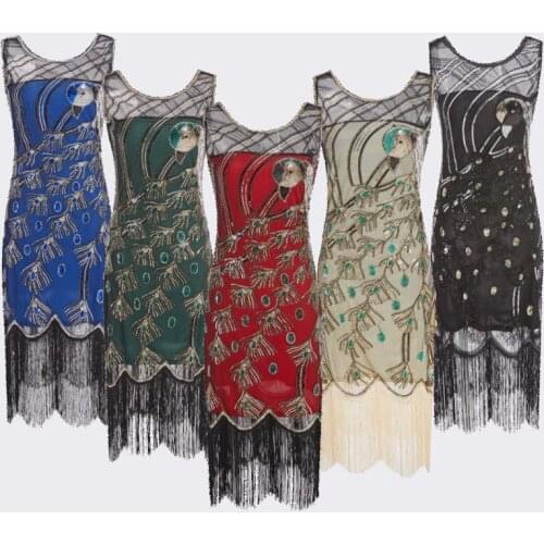 Women 1920s Peacock Sequined Embellished Fringed Great Gatsby Flapper Dress Retro Tassels Croche Midi Party Dress Vestido