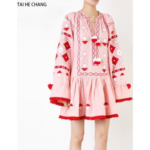 Women high-end vestidos elegant vintage bohemian runway casual pink Floral Embroidery full flare sleeve mini Loose dress