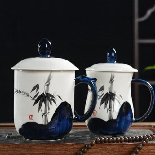 390/530ML Chinese Style Tea Mug with Lid Hand Painted Ink Bamboo Ceramic Porcelain Teaware Water Handle Cup Mugs Creative Gifts