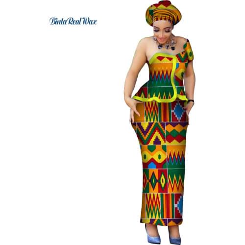 African Clothes One-shoulder Tops and Skirt Sets with Head Wrap for Women Bazin Riche African 2 Piece Skirt Sets Clothing WY3765