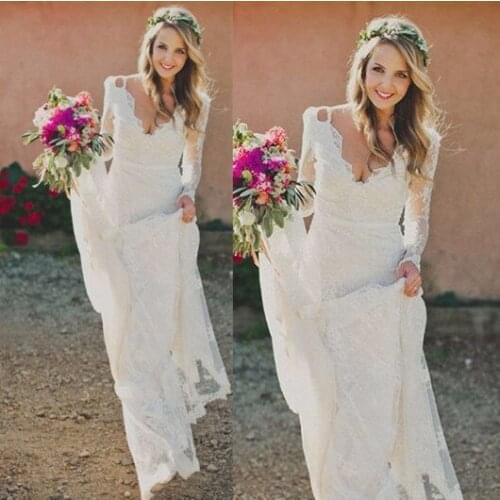 Country Boho Lace Wedding Dresses 2020 vestido de noiva Mermaid Long Sleeve Bridal Gowns Open Back Weddings Dress