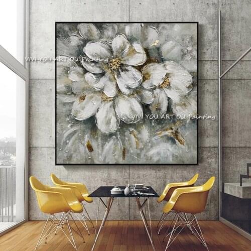 The Hot Sales White Flower Handmade Abstract Art On Canvas Plant New Oil Paintings For Lving Room Decor Gray Frameless Pictures