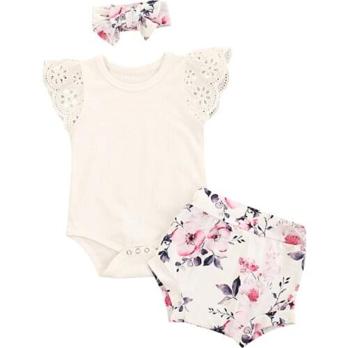 Lioraitiin Fast Shipping 0-24M Newborn Baby Girl 3Pcs Summer Fashion Clothes Off Shoulder Solid Romper Floral Printed Shorts
