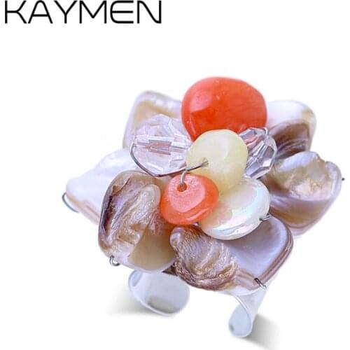 Fashion Handmade Crystal Shall Statement Open Adjustable Ring for Women Wedding Engagement Party Friendship Gift Jewelry Ring