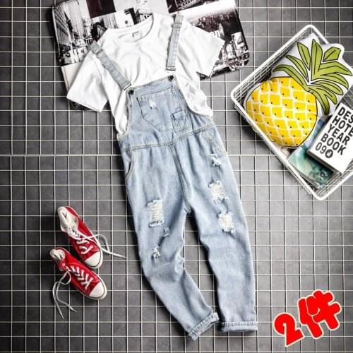 2Pcs Mens Boys Summer Overalls& White T-shirt Denim Jeans Ripped Trousers Straight Casual Long Pants Slim Fit New 2021