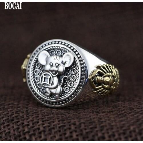 BOCAI New Real S925 Silver Retro Zodiac Mouse Mens Ring 2021 Trendy Personality Exquisite Jewelry