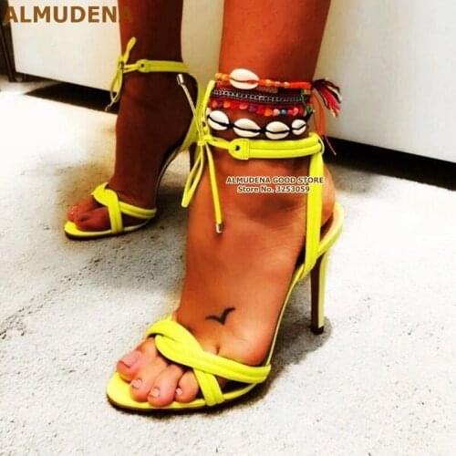 ALMUDENA Neon Yellow Braided High Heel Sandals Lace-up Stiletto Heels Dress Pumps Pink Slingback Gladiator Banquet Shoes Pumps