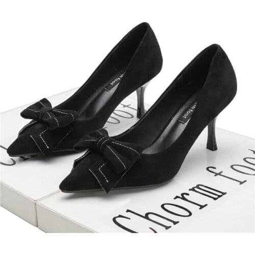 2020 spring and autumn and winter new pointed stiletto bow plus velvet high heels suede two womens wool shoes