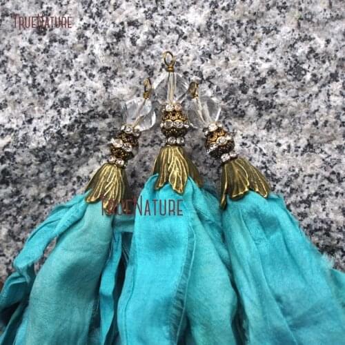 New Turquoises Blue Tassel Jewelry Handcrafted Sari Silk Tassel Antique Bronze Electroplated Accessory Cap In 6.8 inch PM9119