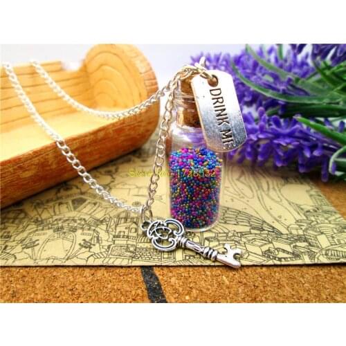 12pcs/lot Drink Me necklace alice in wonderland key necklace 2ml glass bottle (inside:9 colors)