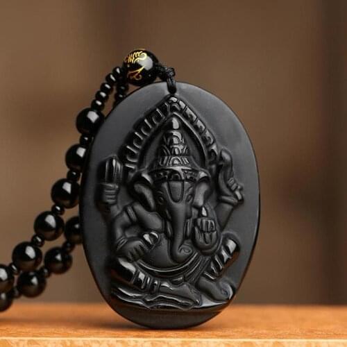 Natural Black Obsidian Carved Ganesha Elephant Pendant Necklace For Women Men Lucky Health Wealth Beads Chain Necklace Amulet