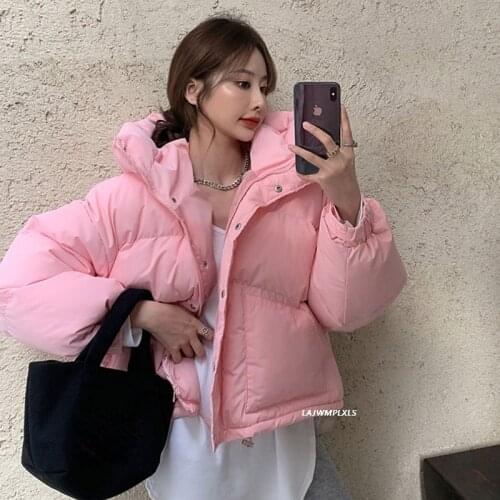 2021 Winter New Korean Thicked Warm Bread Coat Candy Color All-match Casual Parkas Chic Button Zip Hooded Cotton Jacket MY521