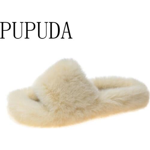 PUPUDA New Furry Slippers Women Winter Lightweight Women Slippers House Flat Comfortable Fluffy Slippers Female Outdoor